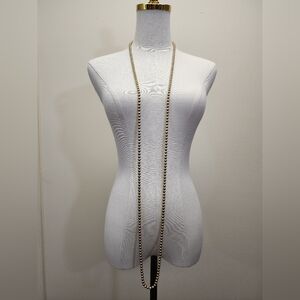 Vintage Gold Tone Ribbed Beaded Necklace Double Strand Long Heavy